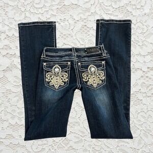 vintage cyber y2k contrast stitch fleur de lis embellished low rise flare jeans